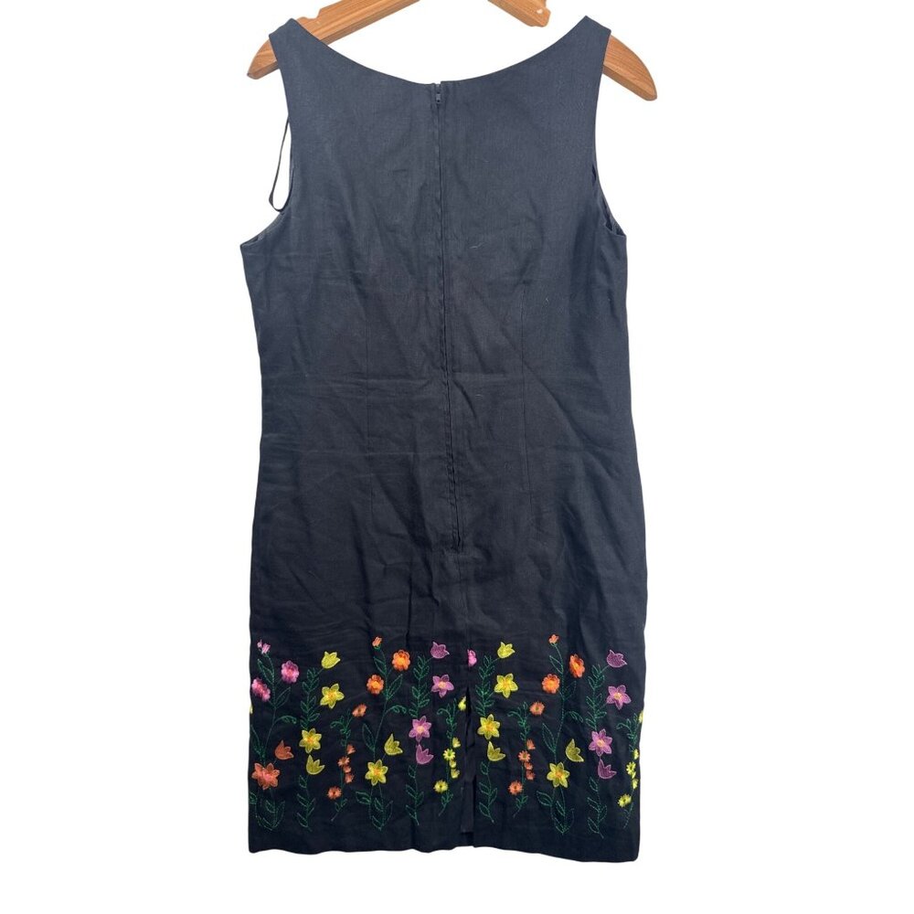 Vintage R&K Originals Sheath Dress Sz 10 Black Linen Floral Embroidered Cottage - Picture 2 of 9